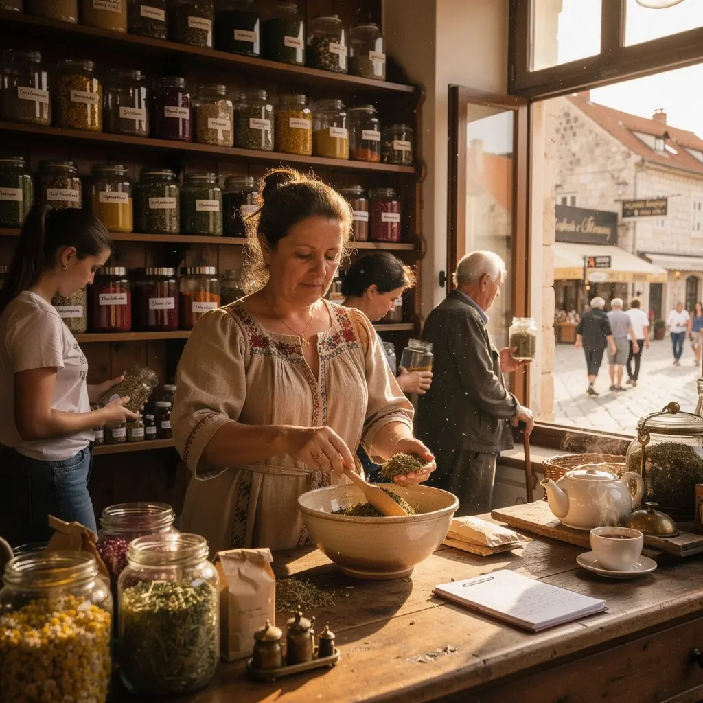 Sastojci za čaj, uključujući lavandu, mentu i kamilicu, na drvenom stolu.